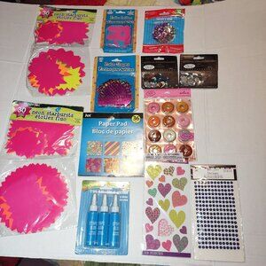 Craft Supplies Bundle Neon Starbursts Paper Pads Stickers Gems Glue Hearts Butto